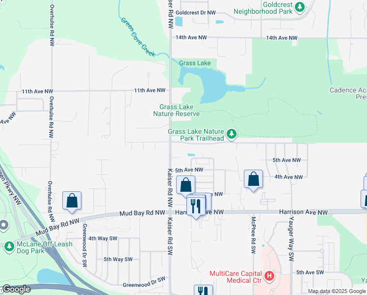 map of restaurants, bars, coffee shops, grocery stores, and more near 3624 Melichar Lane Northwest in Olympia