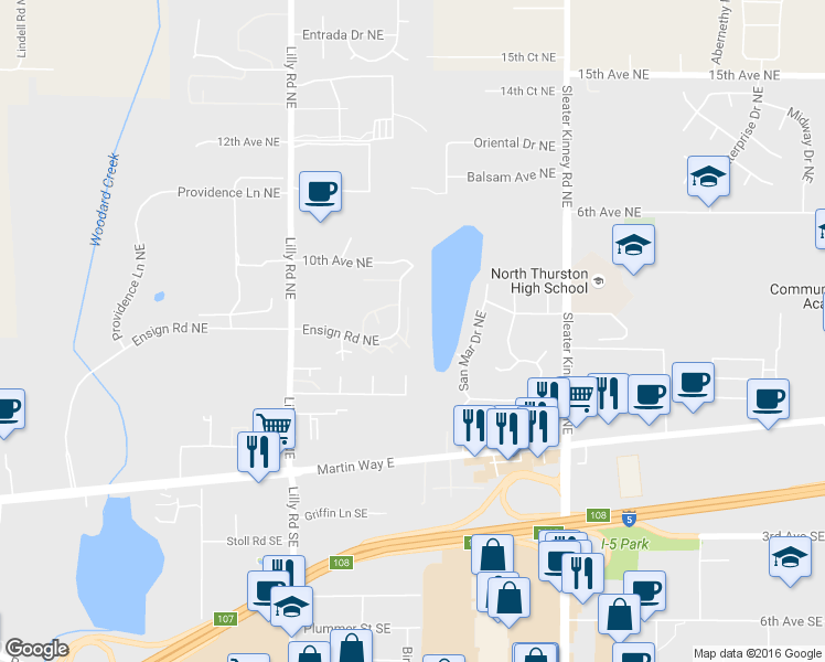 map of restaurants, bars, coffee shops, grocery stores, and more near 206 Lilly Road Northeast in Olympia