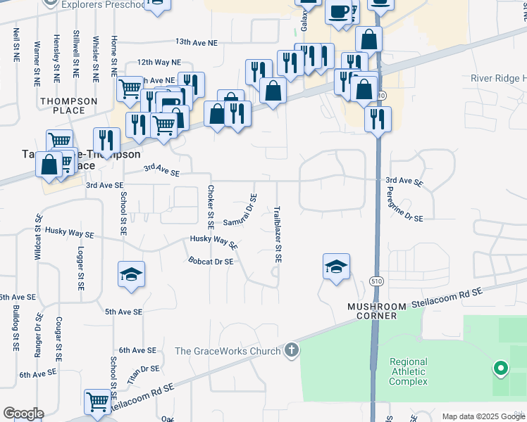 map of restaurants, bars, coffee shops, grocery stores, and more near 7912 4th Court Southeast in Olympia