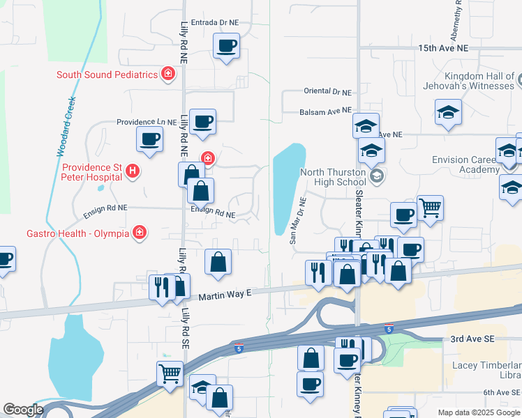map of restaurants, bars, coffee shops, grocery stores, and more near 206 Lilly Road Northeast in Olympia