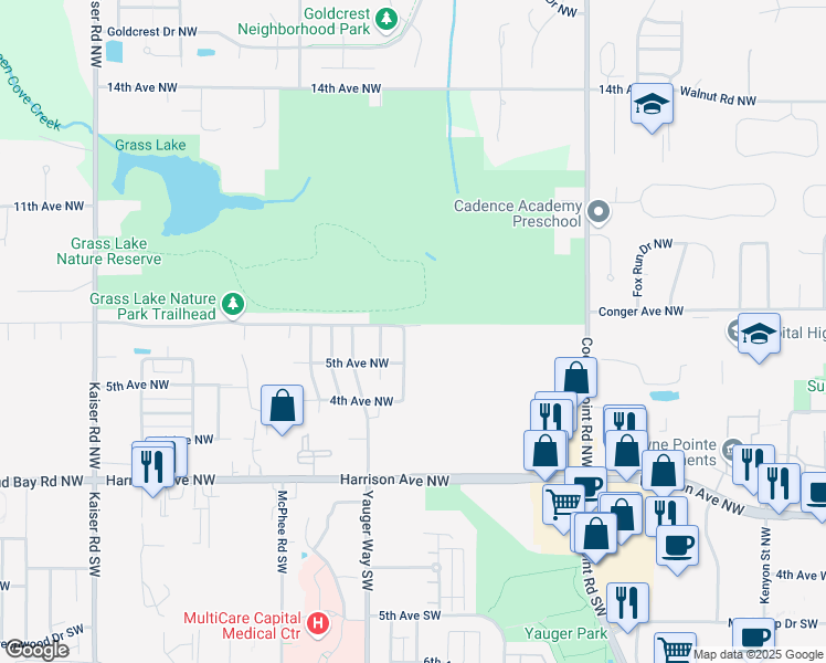 map of restaurants, bars, coffee shops, grocery stores, and more near 506 Grass Lake Street Northwest in Olympia