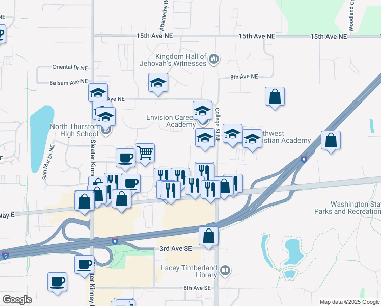map of restaurants, bars, coffee shops, grocery stores, and more near 4500 Martin Way East in Olympia