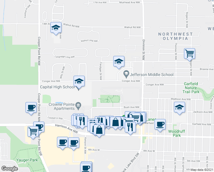 map of restaurants, bars, coffee shops, grocery stores, and more near 2417 Conger Avenue Northwest in Olympia