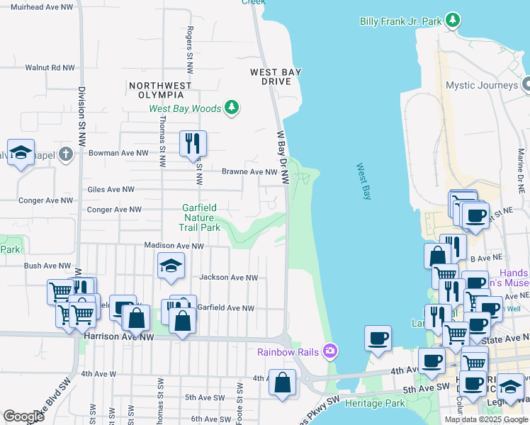 map of restaurants, bars, coffee shops, grocery stores, and more near 514 Grand View Avenue Northwest in Olympia