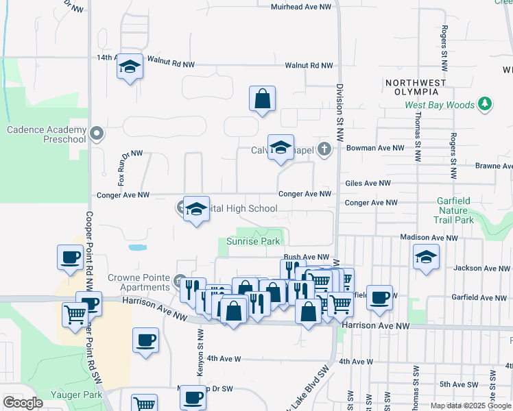map of restaurants, bars, coffee shops, grocery stores, and more near 2417 Conger Avenue Northwest in Olympia