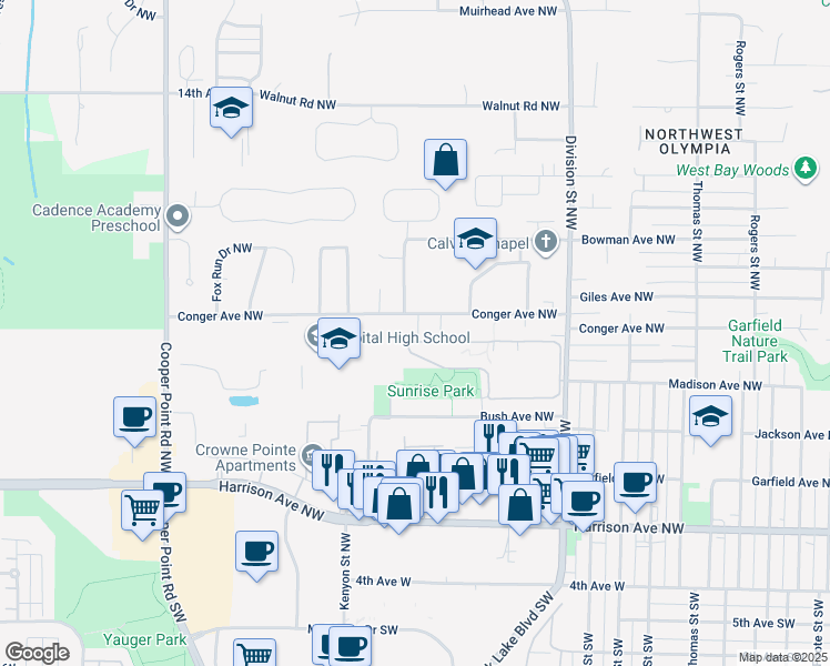 map of restaurants, bars, coffee shops, grocery stores, and more near 2417 Conger Avenue Northwest in Olympia