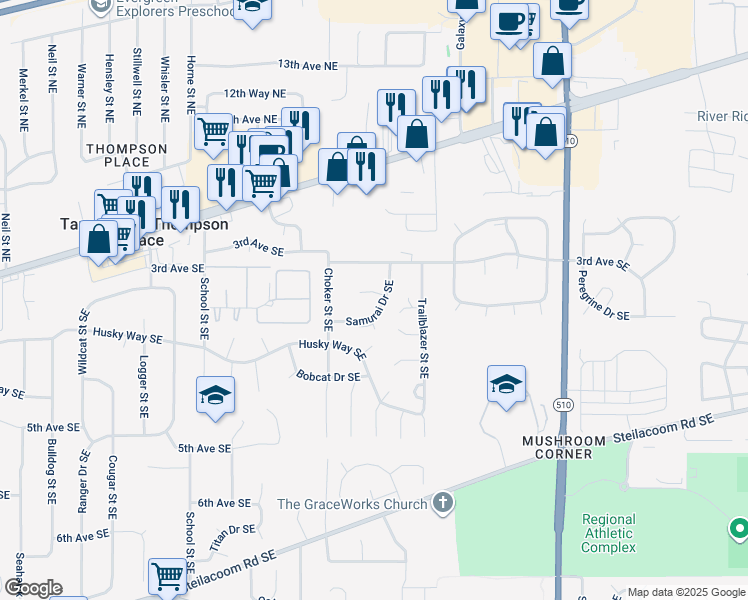 map of restaurants, bars, coffee shops, grocery stores, and more near 7829 Samurai Court Southeast in Olympia