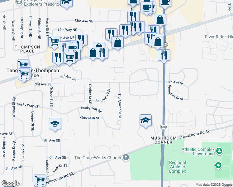 map of restaurants, bars, coffee shops, grocery stores, and more near 332 Trailblazer Street Southeast in Olympia
