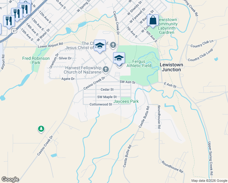 map of restaurants, bars, coffee shops, grocery stores, and more near 229 Southwest Maple Street in Lewistown