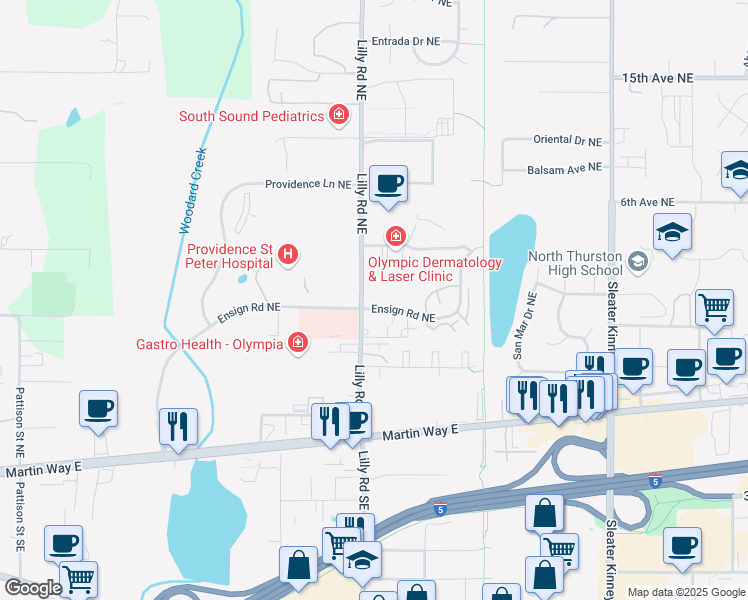 map of restaurants, bars, coffee shops, grocery stores, and more near 412 Lilly Road Northeast in Olympia