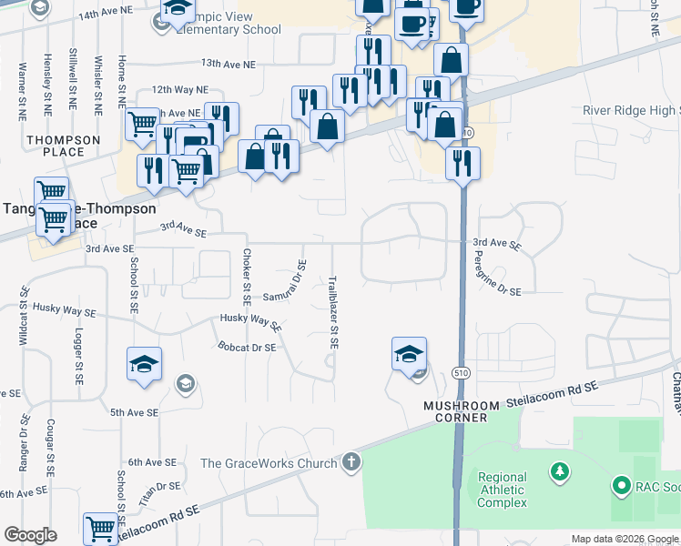 map of restaurants, bars, coffee shops, grocery stores, and more near 8005 3rd Avenue Southeast in Lacey