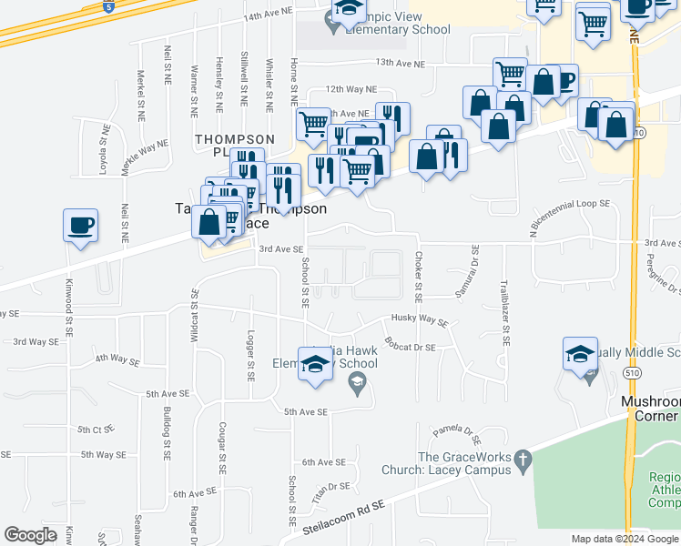map of restaurants, bars, coffee shops, grocery stores, and more near 7535 3rd Avenue Southeast in Olympia