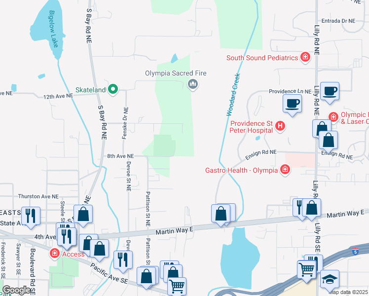 map of restaurants, bars, coffee shops, grocery stores, and more near 3115 10th Avenue Northeast in Olympia