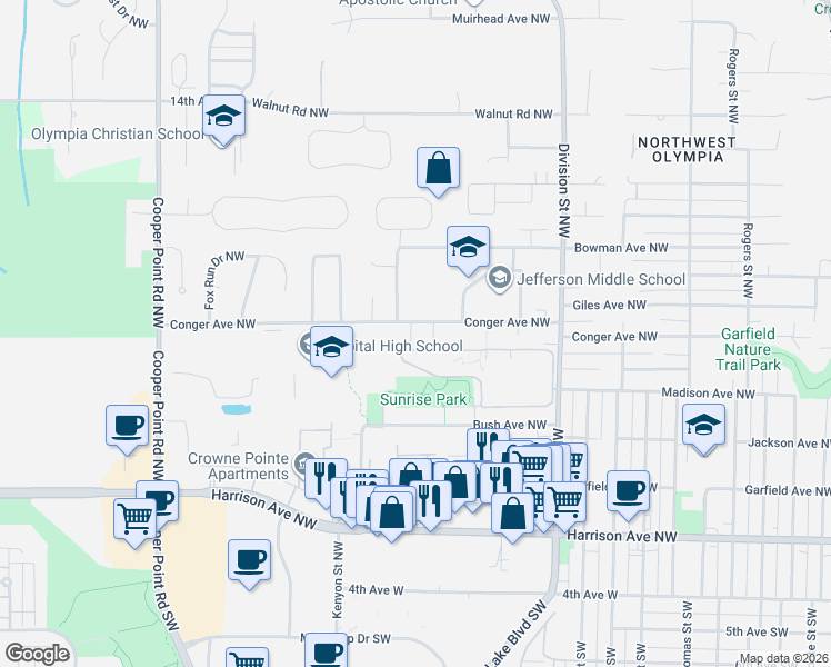 map of restaurants, bars, coffee shops, grocery stores, and more near 2512 Conger Avenue Northwest in Olympia