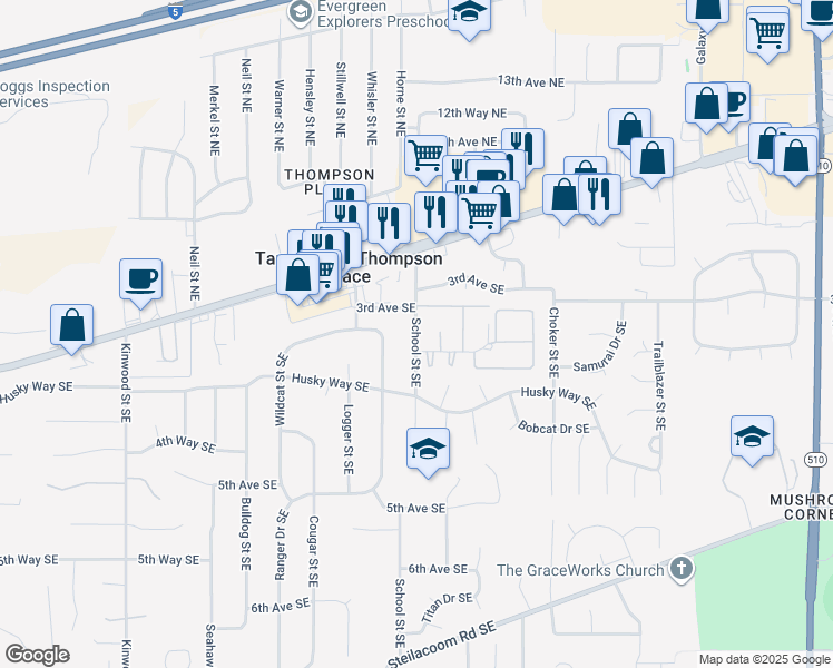 map of restaurants, bars, coffee shops, grocery stores, and more near 7509 3rd Avenue Southeast in Olympia