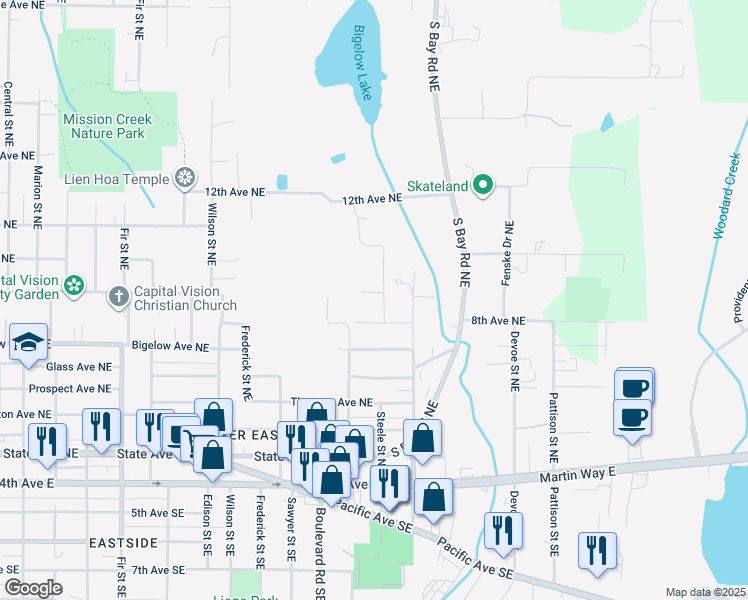 map of restaurants, bars, coffee shops, grocery stores, and more near 831 Steele Street Northeast in Olympia