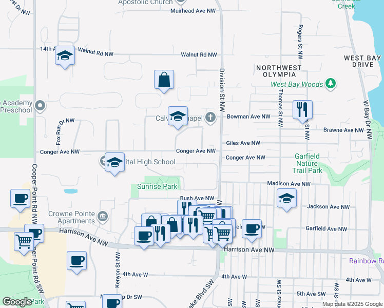 map of restaurants, bars, coffee shops, grocery stores, and more near in Olympia
