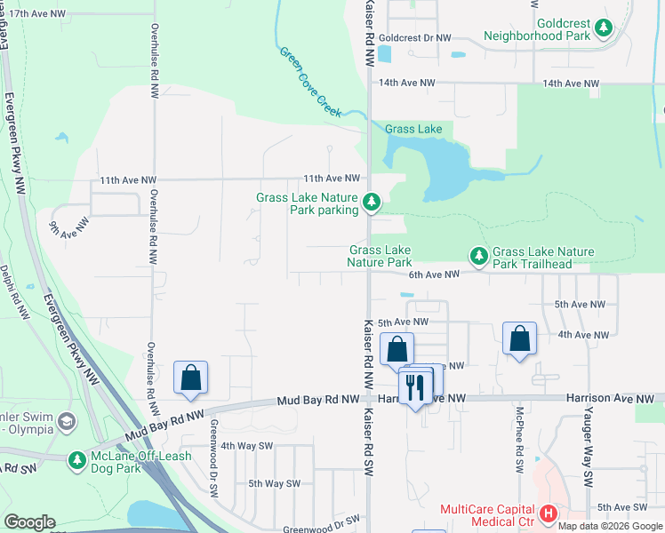 map of restaurants, bars, coffee shops, grocery stores, and more near 821 Kaiser Road Northwest in Olympia