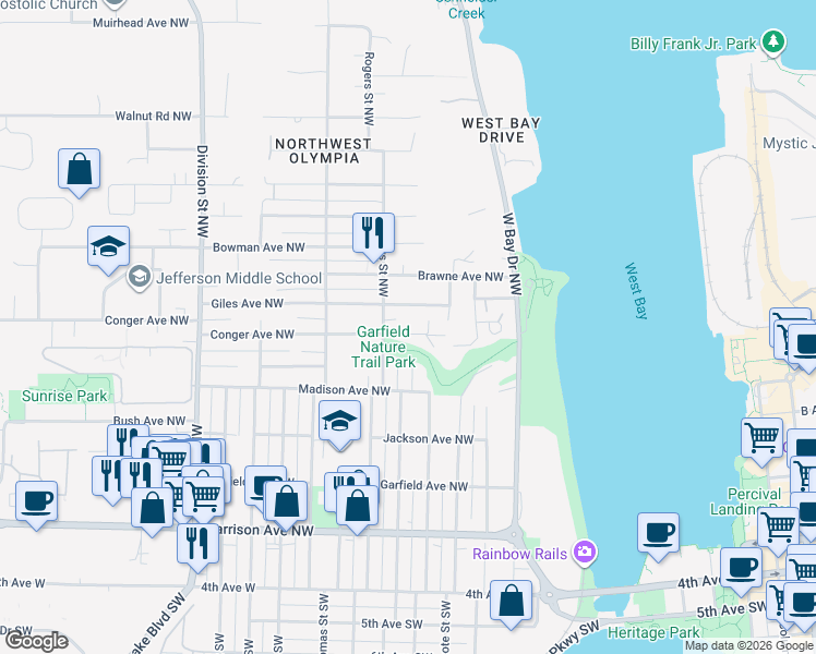 map of restaurants, bars, coffee shops, grocery stores, and more near 1221 Giles Avenue Northwest in Olympia