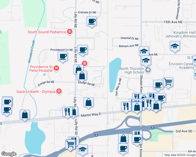map of restaurants, bars, coffee shops, grocery stores, and more near 3724 Ensign Road Northeast in Olympia