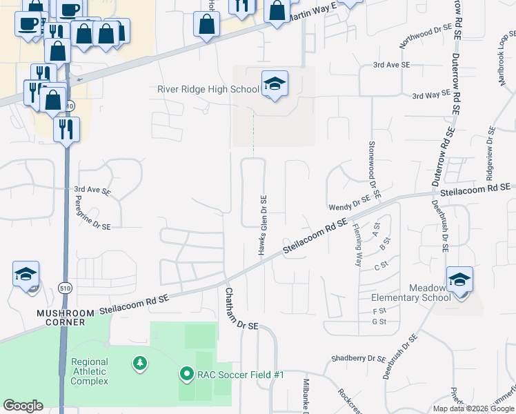 map of restaurants, bars, coffee shops, grocery stores, and more near 611 Hawks Glen Drive Southeast in Olympia