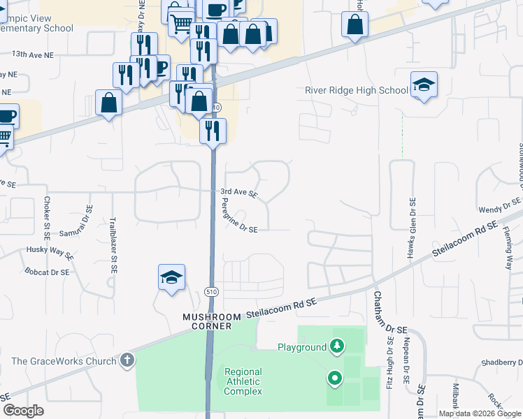 map of restaurants, bars, coffee shops, grocery stores, and more near 8417 3rd Avenue Southeast in Olympia