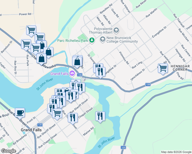 map of restaurants, bars, coffee shops, grocery stores, and more near 57 Chemin Tobique in Grand-Sault