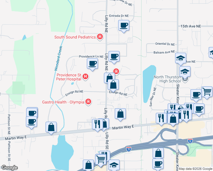 map of restaurants, bars, coffee shops, grocery stores, and more near 337 Lilly Road Northeast in Olympia