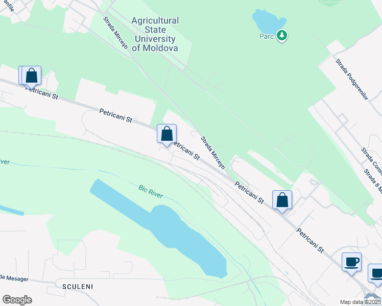 map of restaurants, bars, coffee shops, grocery stores, and more near Petricani Street in Chisinau