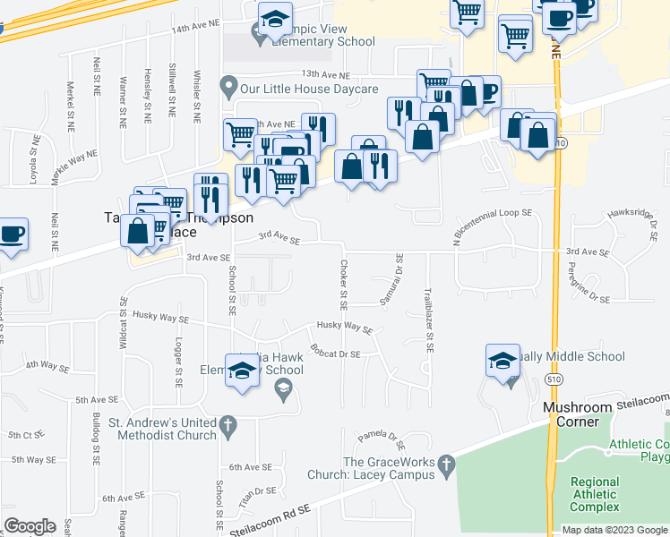 map of restaurants, bars, coffee shops, grocery stores, and more near 309 Choker Drive Southeast in Lacey