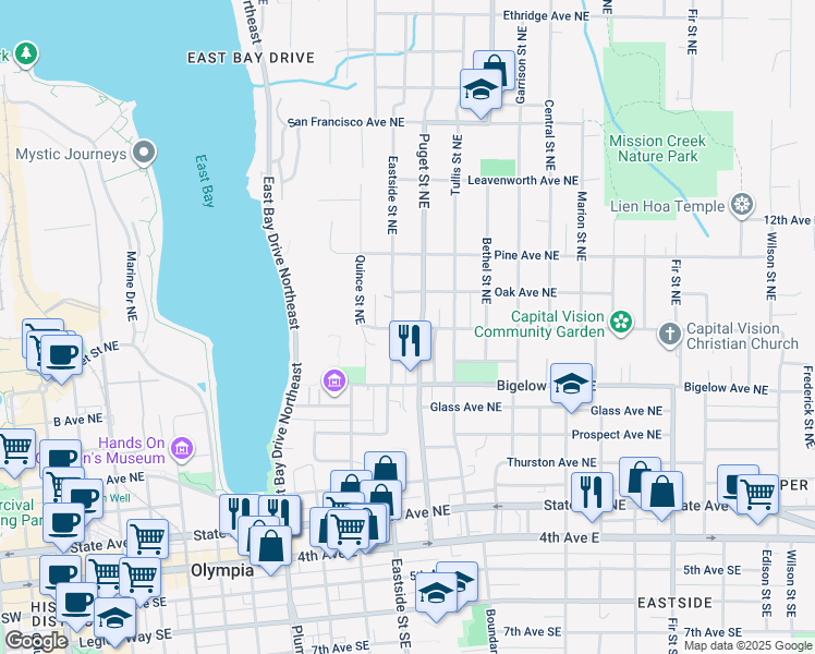 map of restaurants, bars, coffee shops, grocery stores, and more near 1116 Yew Avenue Northeast in Olympia