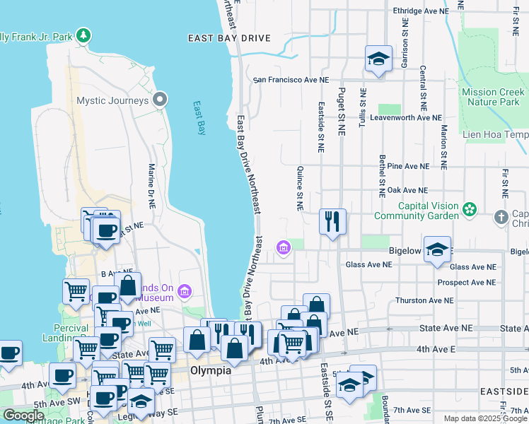 map of restaurants, bars, coffee shops, grocery stores, and more near 912 East Bay Drive Northeast in Olympia