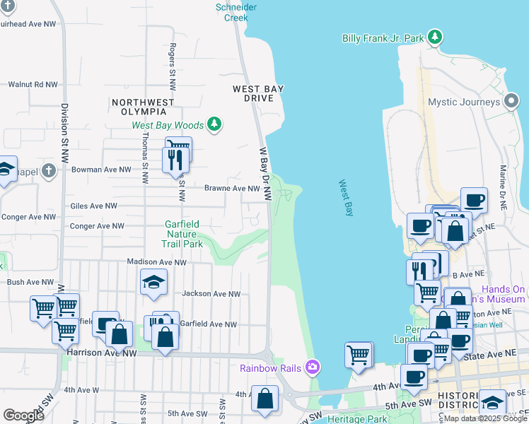 map of restaurants, bars, coffee shops, grocery stores, and more near 730 Sherman Street Northwest in Olympia