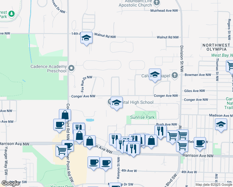 map of restaurants, bars, coffee shops, grocery stores, and more near 701 Dundee Road Northwest in Olympia