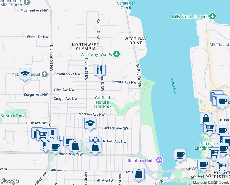map of restaurants, bars, coffee shops, grocery stores, and more near 805 Foote Street Northwest in Olympia