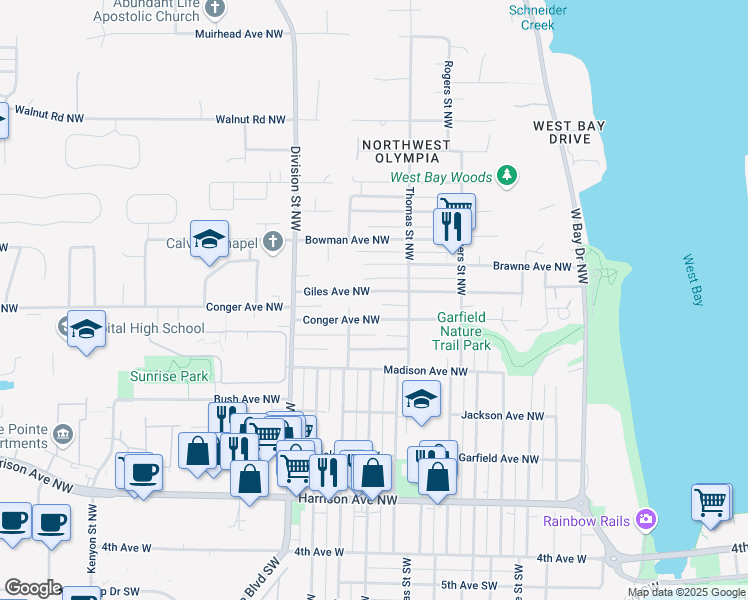 map of restaurants, bars, coffee shops, grocery stores, and more near 1627 Giles Avenue Northwest in Olympia