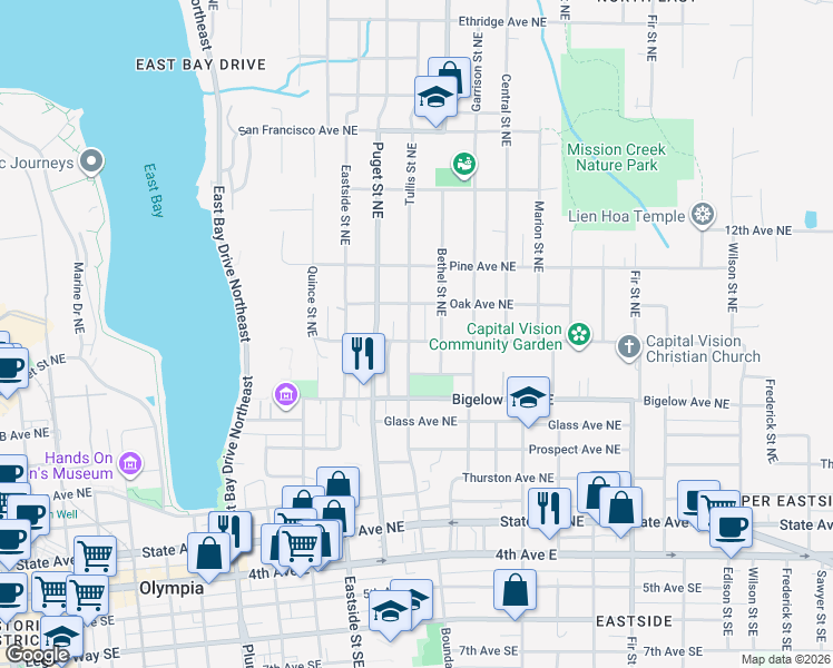 map of restaurants, bars, coffee shops, grocery stores, and more near 902 Tullis Street Northeast in Olympia