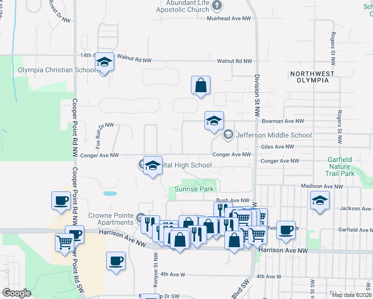 map of restaurants, bars, coffee shops, grocery stores, and more near 2512 Conger Avenue Northwest in Olympia