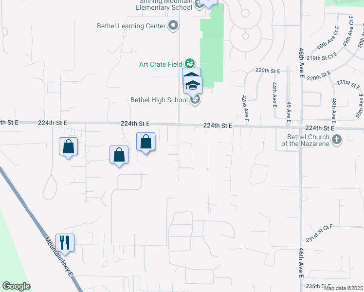 map of restaurants, bars, coffee shops, grocery stores, and more near 3804 225th Street Court East in Spanaway