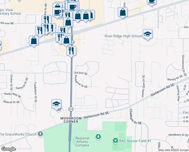 map of restaurants, bars, coffee shops, grocery stores, and more near 8438 Hawksridge Drive Southeast in Olympia