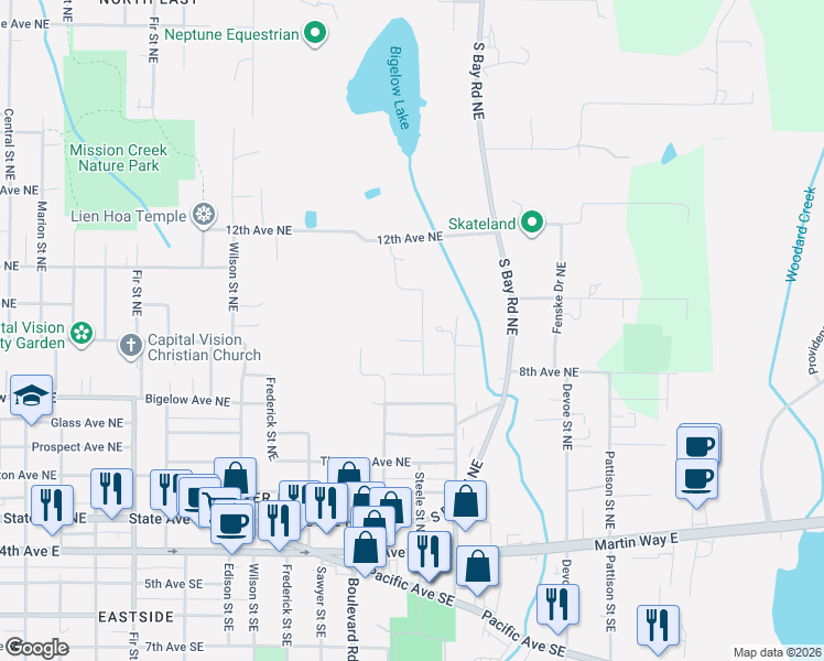 map of restaurants, bars, coffee shops, grocery stores, and more near 831 Steele Street Northeast in Olympia