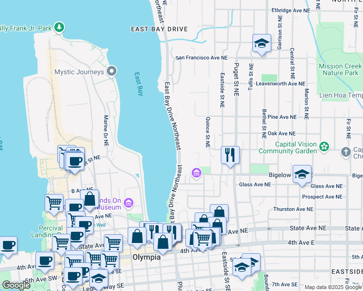 map of restaurants, bars, coffee shops, grocery stores, and more near 912 East Bay Drive Northeast in Olympia
