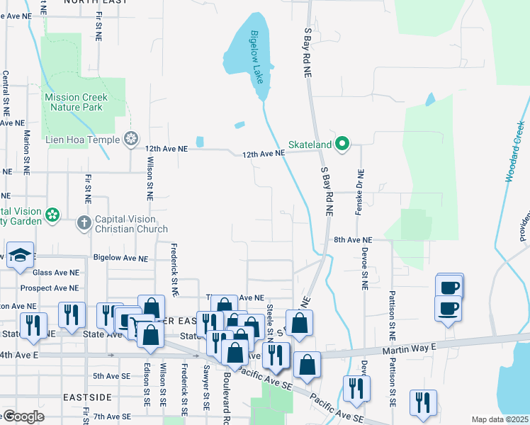 map of restaurants, bars, coffee shops, grocery stores, and more near 831 Steele Street Northeast in Olympia