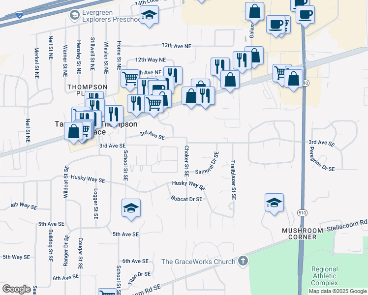 map of restaurants, bars, coffee shops, grocery stores, and more near 309 Choker Drive Southeast in Lacey