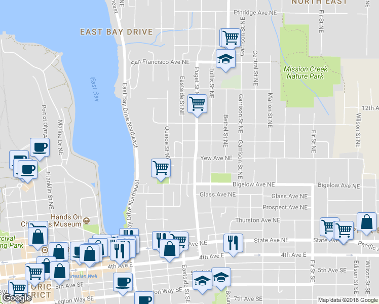 map of restaurants, bars, coffee shops, grocery stores, and more near 1116 Yew Avenue Northeast in Olympia
