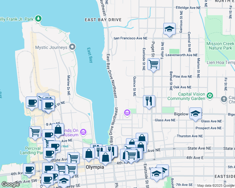map of restaurants, bars, coffee shops, grocery stores, and more near 912 East Bay Drive Northeast in Olympia