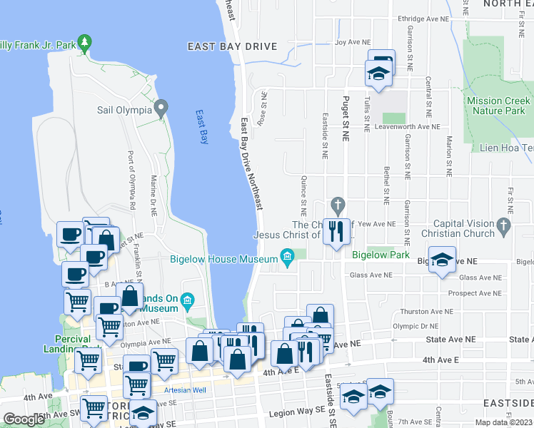 map of restaurants, bars, coffee shops, grocery stores, and more near 912 East Bay Drive Northeast in Olympia