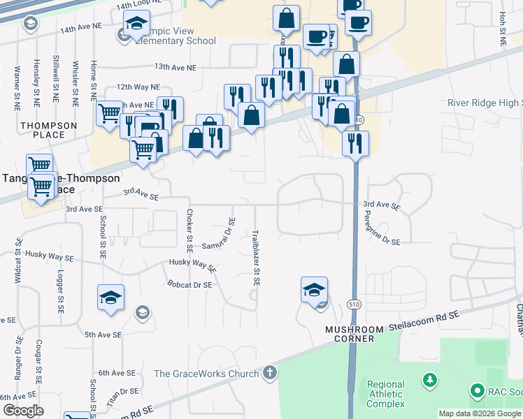 map of restaurants, bars, coffee shops, grocery stores, and more near 8005 3rd Avenue Southeast in Lacey