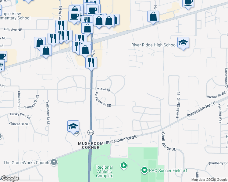 map of restaurants, bars, coffee shops, grocery stores, and more near 8410 3rd Avenue Southeast in Olympia