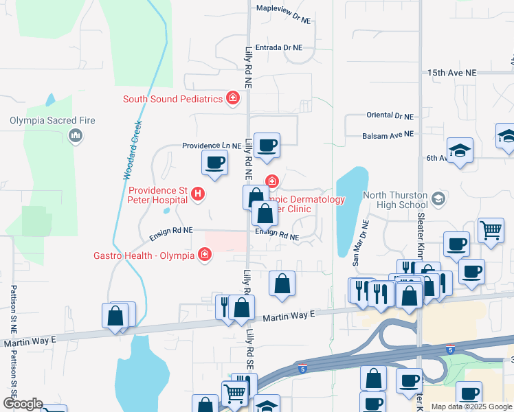 map of restaurants, bars, coffee shops, grocery stores, and more near 412 Lilly Road Northeast in Olympia